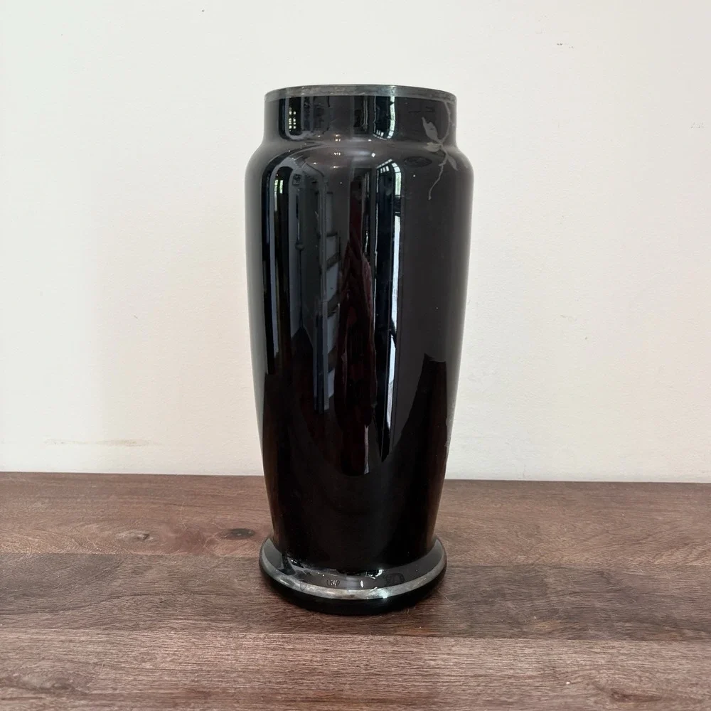 Vintage Czech Black Glass Etched Vase Birds Floral Art Deco Style Slovakia 10" - Picture 5 of 12